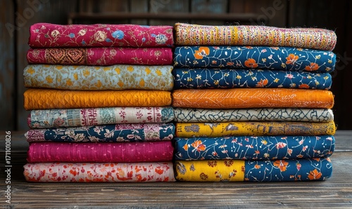 Stacks of colorful patterned fabrics