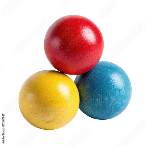 Three brightly colored wooden balls arranged in a triangular pyramid shape against a black background