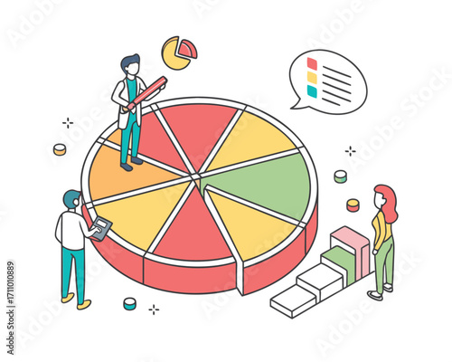 Business team analyzing market share shown in a pie chart with statistical data visualization and growth analysis