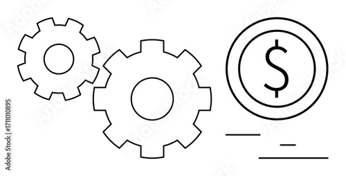 Interconnected gears moving beside a dollar coin symbolizing operational efficiency, economics, and profitability. Ideal for business, finance, industry, teamwork, growth, innovation and simple