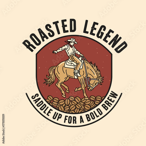 A cowboy riding a bucking horse, surrounded by coffee beans, a vintage-style graphic design.