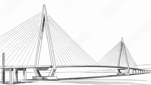 Conceptual blueprint modern cable-stayed bridge showcasing innovative engineering and architectural design. Monochrome illustration for advanced infrastructure development.