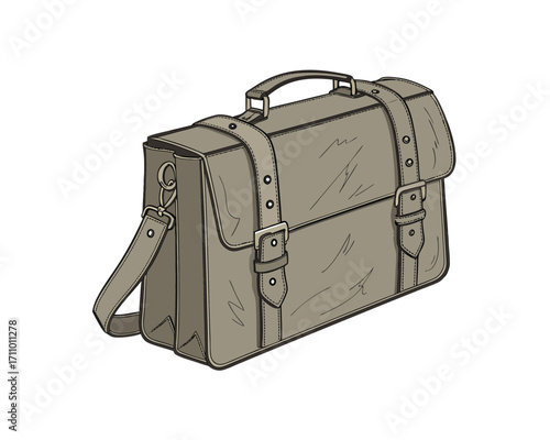 Classic Leather Briefcase Illustration with Shoulder Strap and Buckle Detail Vintage Style Work Bag for Professionals