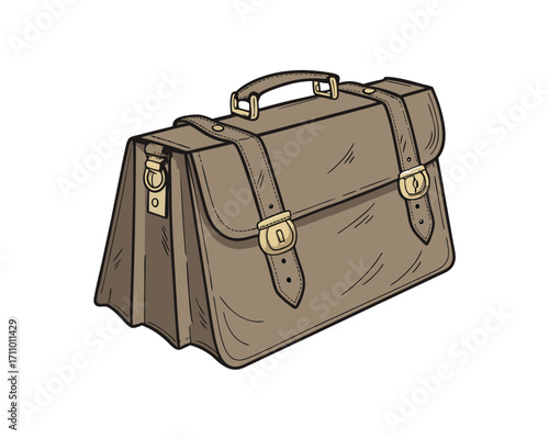 Illustration of a classic brown leather briefcase with gold hardware for business and travel purposes depicting professionalism and sophistication