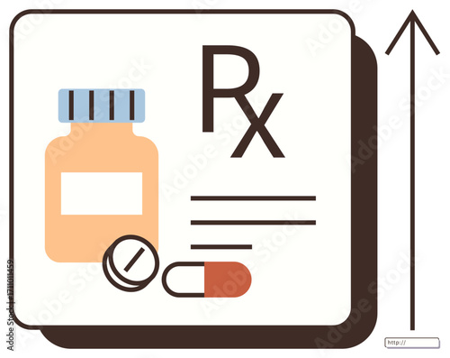 Medicine bottle, tablet, capsule, Rx prescription sign, and upward arrow. Ideal for healthcare, pharmacy, prescriptions medicine sales growth medical improvement statistics. Simple flat