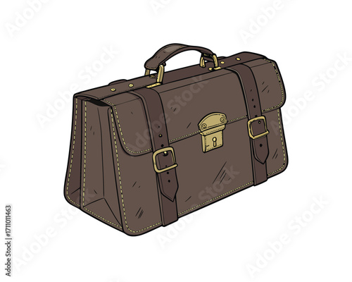 Vintage Brown Leather Briefcase Illustration Classic Business Bag Isolated on White Background Detailed Hand Drawn Style Suitable for Graphic Design and Creative Projects
