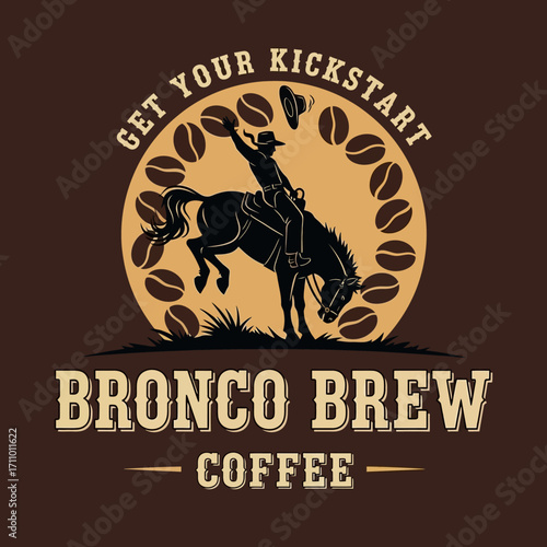 A cowboy riding a bucking horse, surrounded by coffee beans, a vintage-style graphic design.