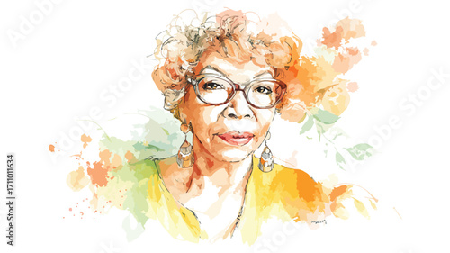 Elegant Senior Black Woman with Glasses - Watercolor Portrait