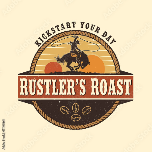 A cowboy riding a bucking horse, surrounded by coffee beans, a vintage-style graphic design.