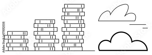Stacked bars representing growth or data accumulation alongside cloud icons. Ideal for business analytics, statistics, data storage, cloud computing, growth strategy, technology, simple landing page