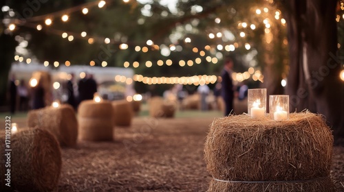 Illuminated hay bales with candles at an outdoor event.