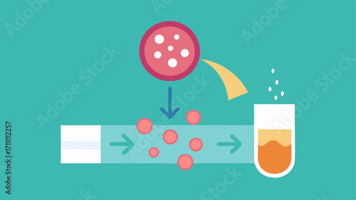 Exosome Infusion A stylized depiction of tiny exosome particles being infused into a skincare product with arrows indicating movement from the serum into the skin.