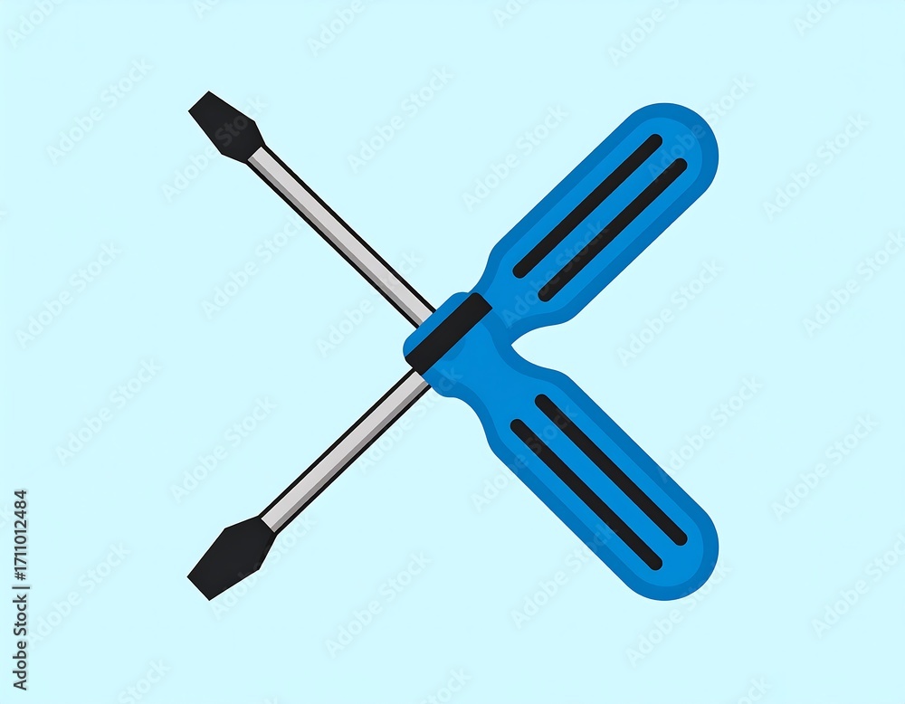 Fototapeta premium Two crossed screwdrivers, simple, bright blue and gray, form a design on a pale sky-blue background.