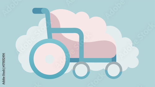 Comfort Lounge Wheelchair A plush wide wheelchair with reclining features oversized armrests and a soft cushion adorned with pastel colors and fluffy textures for ultimate