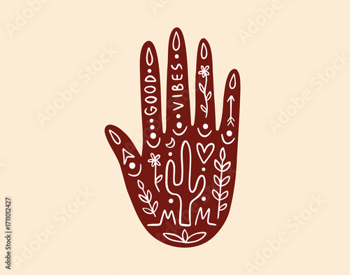 ethnic, mystic or hippie hand palm poster tattoo. hand with pattern icon doodle hand drawn. Outline drawing hand palm tattoo line clipart symbol