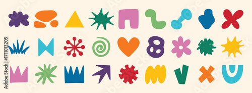 colorful organic doodle hand drawn colorful set. shapes and squiggles childish style. Abstract funny cute kids shapes elements. naive art