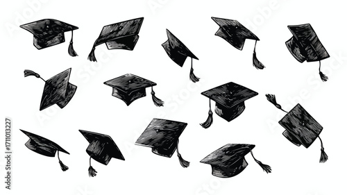 Flying Graduation Caps Set. Graduation Ceremony Collection. Celebration of Success Image