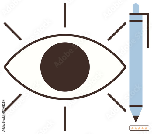 Eye icon radiating lines beside a blue pen, symbolizing observation, vision, awareness, creativity, design, learning, and editing. Ideal for productivity strategy focus minimal design education