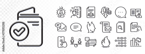 Instruction manual, Chat and Equity line icons for web app. Glare of light effect. Message icon. Pack of New mail, Search files, Chemistry lab pictogram icons. Vector