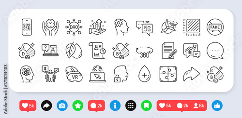 Safe time, Engineering and Faq line icons pack. Social media: share, comment, like icons. Dao, Vitamin b6, Vitamin d web icon. Report, Internet, Puzzle pictogram. Vector