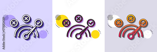 Correct answer line icon. Halftone dotted pattern. Gradient icon with grain shadow. Speedometer concept sign. Check symbol. Line correct answer icon. Various designs. Vector