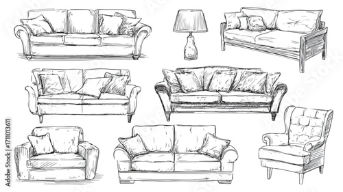 Hand Drawn Decorative Sofas and Furniture Collection for Interior Design Projects