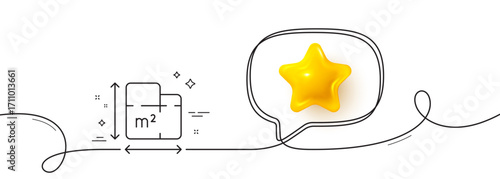 Floor plan line icon. Continuous line with 3d star. Room dimension sign. House area measurement symbol. 3d star in speech bubble. Floor plan single line ribbon. Loop curve pattern. Vector