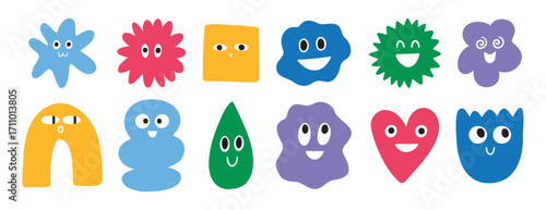 colorful abstract funny characters shape cartoon doodle set. Trendy retro 90s style art collection with faces drawing.