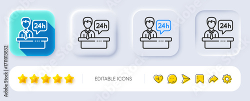 Reception desk line icon. Neumorphic, Flat shadow, 3d buttons. 24 hour help sign. Hotel service symbol. Line reception desk icon. Social media icons. Vector