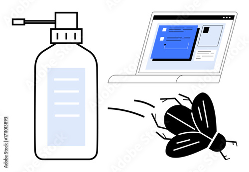 Bug spray, fly, and laptop screen visualizing debugging, computer issues, optimization, error fixing, software troubleshooting problem solving. Ideal for tech programming cybersecurity. Simple