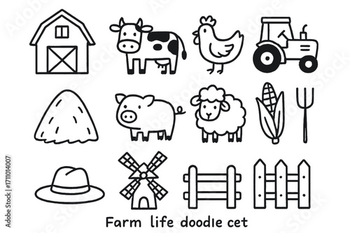 Farm Life Doodle Icons. Farm life doodle icon set: hand drawn icons of barn, cow, chicken, tractor, haystack, pig, sheep, corn,