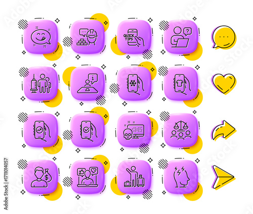 Financial app, Airport transfer and Cyber attack line icons. App 3d buttons. Social media comment, share, like icons. Pack of Medical vaccination, Air conditioning, Approved app icon. Vector