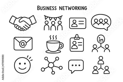 Business Networking Doodles. Business networking doodle icon set: hand drawn icons of handshake, networking event, contact card,