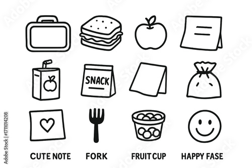 Kids Lunchbox Icons. Kids lunchbox doodle icon set: hand drawn icons of lunchbox, sandwich, apple, juice box, snack pack, napkin,