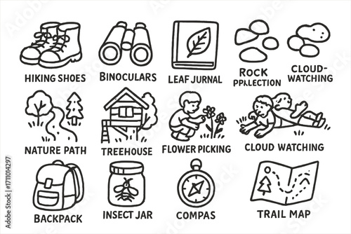 Kids Nature Exploration Icon. Kids nature exploration doodle icon set: hand drawn icons of hiking shoes, binoculars, leaf journal,