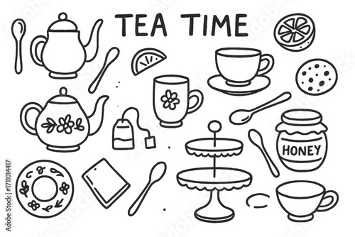 Tea Time Doodles. Tea time: hand drawn doodles of teapots, cups, sugar spoons, lemon slices, teabags, cookies, floral plates,