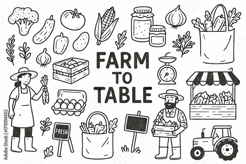 Farm to Table Doodles. Farm to table: hand drawn doodles of vegetables, crates, jars, eggs, baskets, fresh herbs, farmers, scales,
