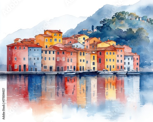 Watercolor painting of a colorful Italian village reflected in a calm lake