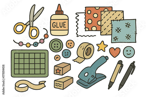 Craft Supplies Doodles. Craft supplies: hand drawn doodles of scissors, glue, beads, thread, buttons, tape, stamps, fabrics,