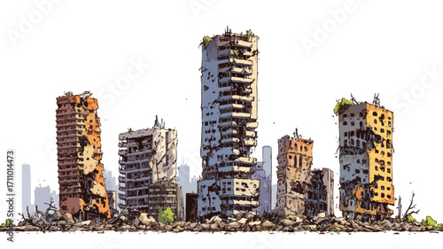 Dramatic Ruined Skyscrapers in Post-Apocalyptic Cityscape