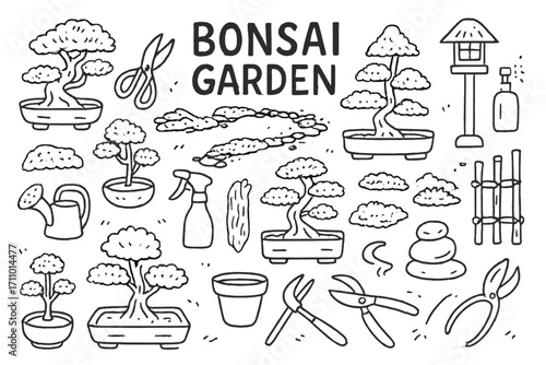 Bonsai Garden Doodles. Bonsai garden: hand drawn doodles of mini trees, bonsai scissors, gravel paths, zen rocks, watering cans,