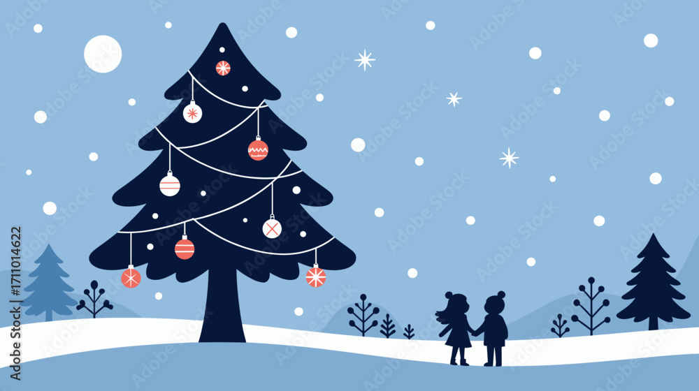 Fototapeta premium Children standing by decorated Christmas tree in snowy winter landscape 