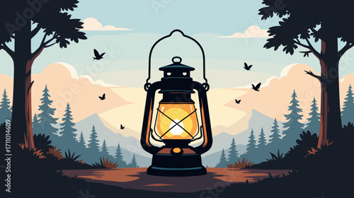 Vintage lantern glowing in forest during sunset with mountains  