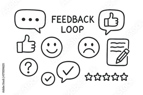 Feedback Icons Doodles. Feedback loop: hand drawn doodles of comment bubbles, thumbs up/down, smiley faces, question icons, edit