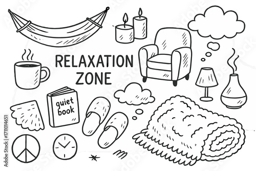 Cozy Relaxation Doodles. Relaxation zone: hand drawn doodles of hammocks, candles, soft chairs, quiet books, slippers, cozy