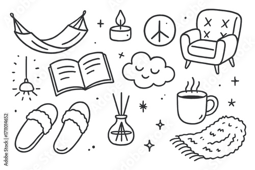 Cozy Relaxation Doodles. Relaxation zone: hand drawn doodles of hammocks, candles, soft chairs, quiet books, slippers, cozy