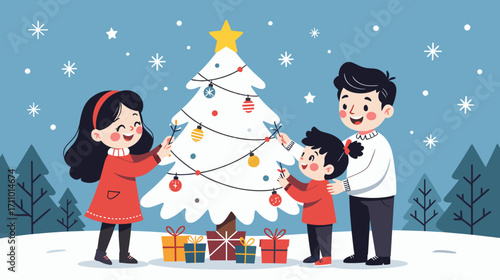 Family decorating Christmas tree together in snowy landscape  
