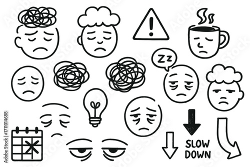 Mental Fatigue Doodles. Mental fatigue: hand drawn doodles of tired faces, tangled thoughts, alert signs, coffee mugs, nap bubbles