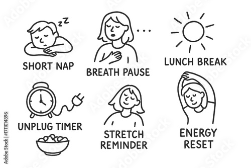 Midday Break Doodles. Midday reset: hand drawn doodles of short nap, breath pause, lunch break, sunshine icon, unplug timer,