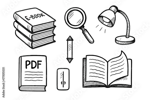 Digital Library Doodles. Digital library: hand drawn doodles of e-book stack, search icon, scroll bar, reading lamp, open PDF, and